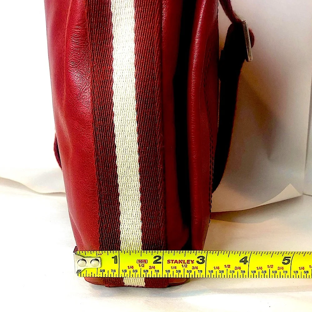BALLY Red Leather Top Zip Messenger Shoulder Bag w/ Red White Striped Strap